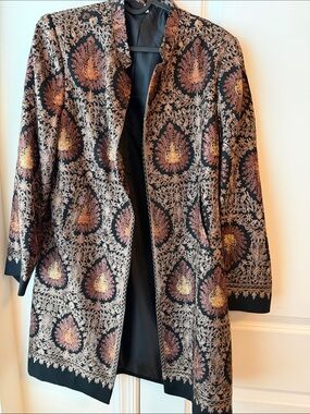 Women's Embroidered Long Jacket - Black with Gold and Brown Accents - festival